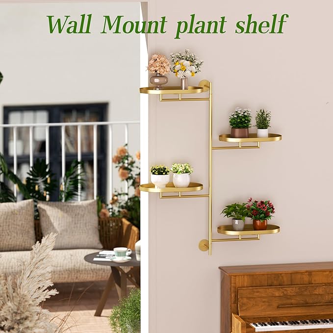 YQSLYSF Window Rotating Plant Stand Shelf Indoor Gold Metal Floating Shelves 4-Tier Wall Mount Plant hanger Holders for Wall Planter Modern Home Decor window sill gifts
