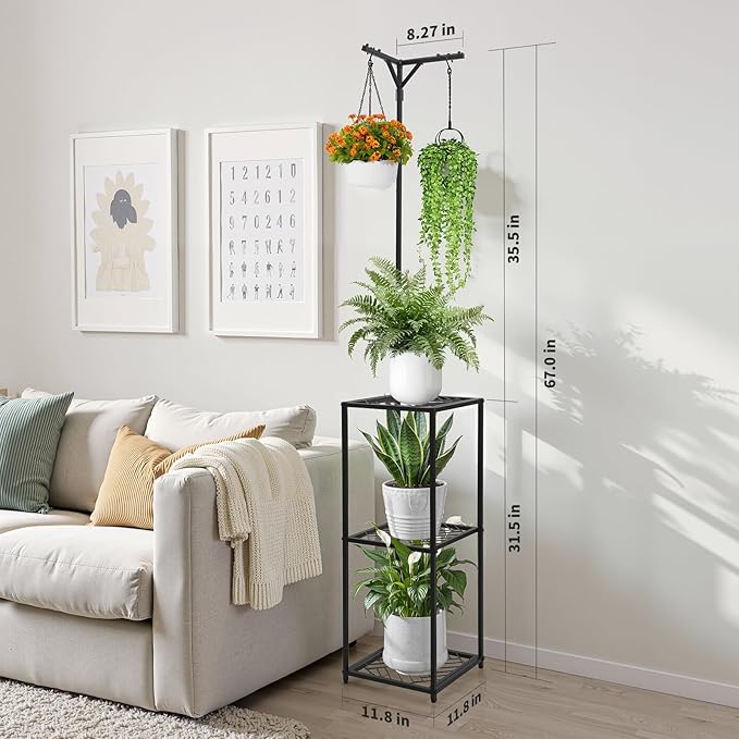 3 Tiered Hanging Plant Stand Indoor outdoor, Corner Plant Flower Stand for Multiple Plants, 67" Tall Plant Rack for 5 Potted Flowers,Plant Shelf for Living Room, Balcony, Patio, Garden, Square Black Metal