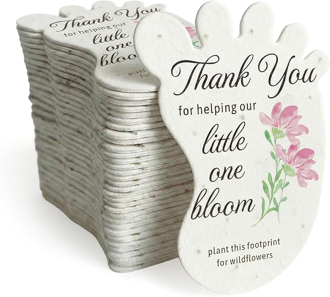 24pcs Pink Footprint-Shaped Gift Tags with Wildflower Seeds - Writable Gift Wrap Tags for Baby Showers, Mother's Day Present, Party Favors, DIY Crafts, & Earth Day Decorations