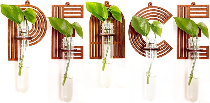 Peace Letter Wall Propagation Planters Test Tubes Wall Decor for Hanging Plants Clear Water Plant Vase Brown Wood Upletter Alphabet Functional Art Boho 5 Pack