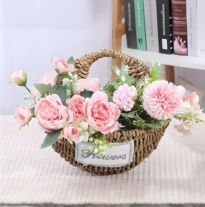 Hand-Woven Seagrass Wall Hanging Basket, Boho Half-Moon Hanging Planter with "Flowers" Label, Rustic Wall Mounted Storage Basket for Plants, Keys, Small Decor (Natural Seagrass)