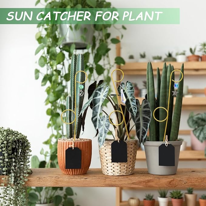 Small Trellis for Potted Plants Indoor with Crystal Sun Catcher, 4Pack Golden Metal Plant Stake for Home Window Garden, Plant Accessories Indoor Decoration (13inch)