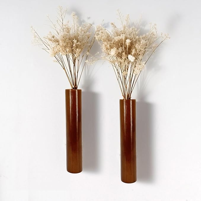 AIM & GGKK Wood Wall Vase for Flowers Set of 2, Wall Mounted Wooden Planters Holder for Indoor Plants, Bedroom Living Room Bathroom Kitchen Modern Decor