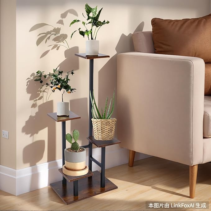 4 Tier Plant Stand for Indoor Plants, Modern Wood & Metal Flower Shelf with Wooden Shelves - Multi-Tiered Display Rack for Living Room, Balcony, Patio, Easy to Assemble Space Saver, Brown