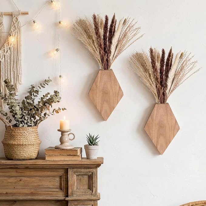 2 Pcs Bohemian Wooden Wall Planter Set with Pampas Grass Modern Farmhouse Wall Decor for Living Room, Bathroom, Bedroom, Office(Original Wood Color,Regular Style)