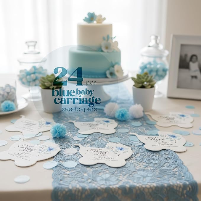 24pcs Blue Carriage-Shaped Gift Tags with Wildflower Seeds - Writable Gift Wrap Tags for Baby Showers, Mother's Day Present, Party Favors, DIY Crafts, & Earth Day Decorations