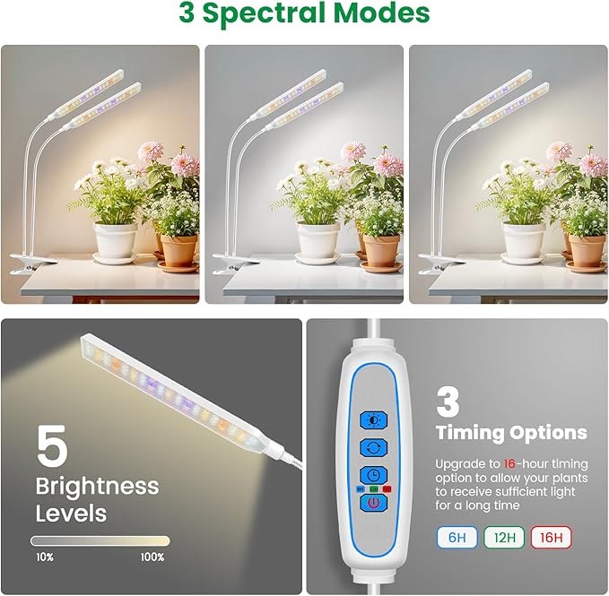 Aumtrly Plant Lights for Indoor Growing, 2 Head 114 LED Full Spectrum Clip on Grow Lights for Indoor Plants with 6/12/16H Timer, 5 Dimming, 3 Light Mode, White Gooseneck Grow Lamp