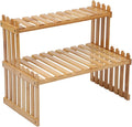 GURECOD 14.6"/18.5" 2 Tiers Bamboo Plant Stand Shelf,Desk Flower Pot Holder,Adjustable Desktop Shelf Display Organizer Ladder Rack for Office Decorate Storage Rack,Kitchen Rack (14.6" Length)