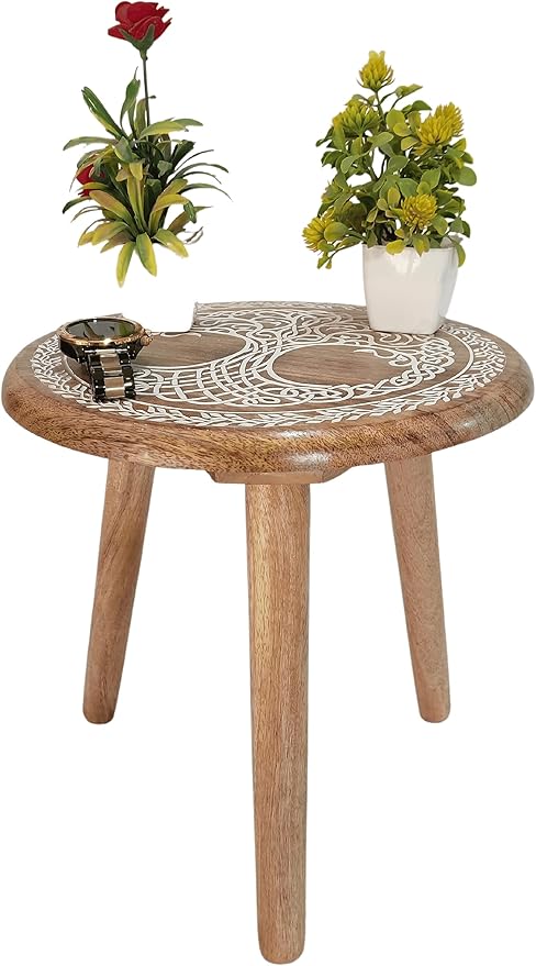 VANIYA CRAFTS® Wooden Engraved Fold-able Side Table/End Table/Plant Stand/Stool for Living Room Bedroom Restaurant Kids Play Furniture Table Round Shape (Natural White 4)