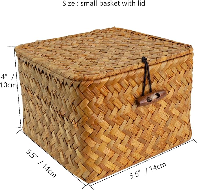 Seagrass Handmade Basket with Lid, Small Basket for Storage, Decorative Home Organizer Decor(5.5"L x 5.5"W x 4"H, Natural)