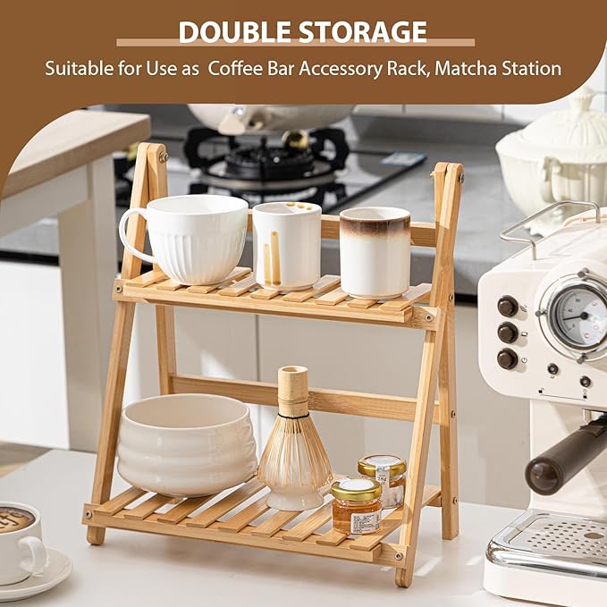 Yalikop Matcha Station Shelf, 11.8'' Coffee Station Organizer, 2 Tiers Bamboo Mug Holder Countertop, Desktop Flower Pot Rack for Home Living Room Window Sill Foldable Display Storage Shelf(Wood)