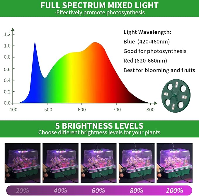 Qoolife Seed Starter Tray with Plant Light, 4 Pack Grow Lights for Seed Starting Kit with Humidity Domes, Timing Controller Adjustable Brightness for Greenhouse Propagator Station Planting Growing