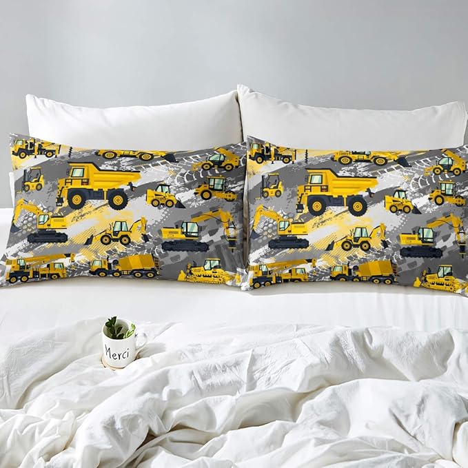 Kids Cartoon Car Bed Sheet Set Queen Size Boys Construction Vehicles Bedding Set for Teens Children Cartoon Machinery Truck Bed Sheets Set Construction Site Cars Bed Cover 4Pcs, Super Soft,Breathable