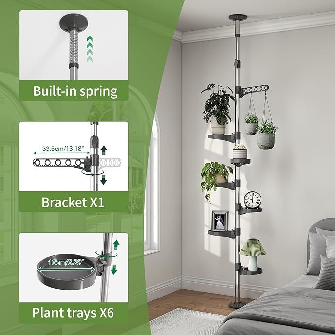 BAOYOUNI 7-Tier Indoor Plant Pole Spring Tension Rod Expandable Flower Pots Display Rack Stand Hanger Metal Corner Storage Shelf, Grey