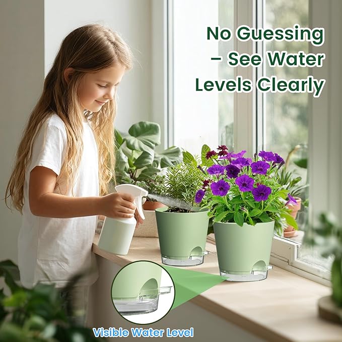 Meowell 8 inch Self Watering Pots for Indoor Outdoor Plants, 2 Pack Flower Plant Pots with Drainage Holes & Clear Reservoir for Visible Water Level, Plastic Wicking Planters for House Plants, Green