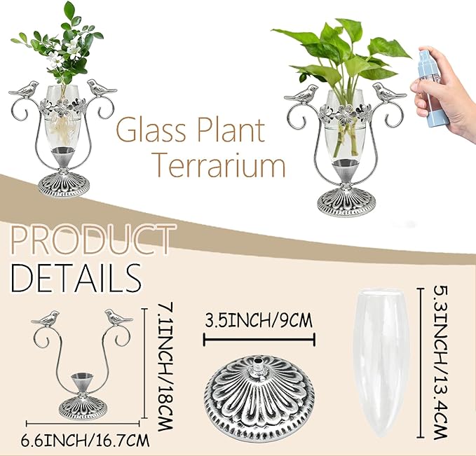 Vintage Plant Propagation Station, Hummingbird Metal Glass Plant Terrarium Stand, Office Desk Room Unique Flower Vase, Plant Lovers Gift Ideas for Women, Men (Silver)