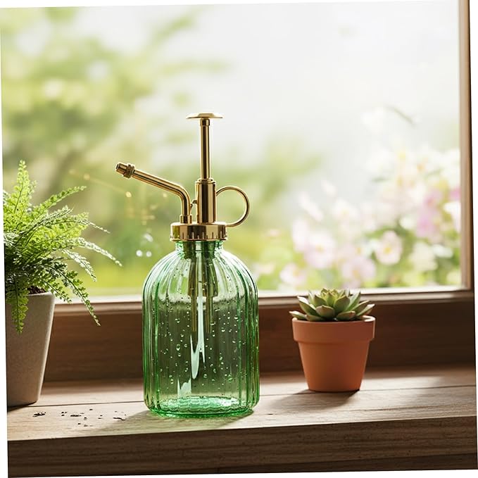 Plant Misters, Glass Plant Mister, 7.5 Inch Elegant Green Glass Watering Can with Gold Pump, Perfect Indoor Mister for Succulents, Ferns and Home Decor, Spray Bottle