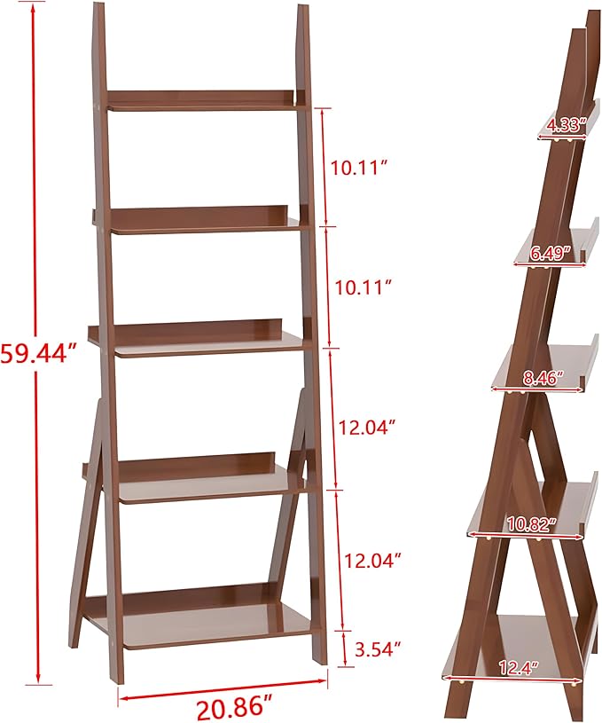 Maydear Bamboo Ladder Shelf Bookcase, 5-Tier Leaning Bookshelf Free Standing Organizer Storage Shelves for Living Room, Bedroom, Kitchen, Home Office, Balcony, Dark Walnut