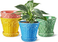 Metahom Ceramic Plant Pots, 5.8 Inch Flower Pots for Indoor Plants, Planters with Drainage Hole & Saucer, Garden Planters for Succulent, Orchid, Cactus, Home Decor, Set of 4, Assorted Colors