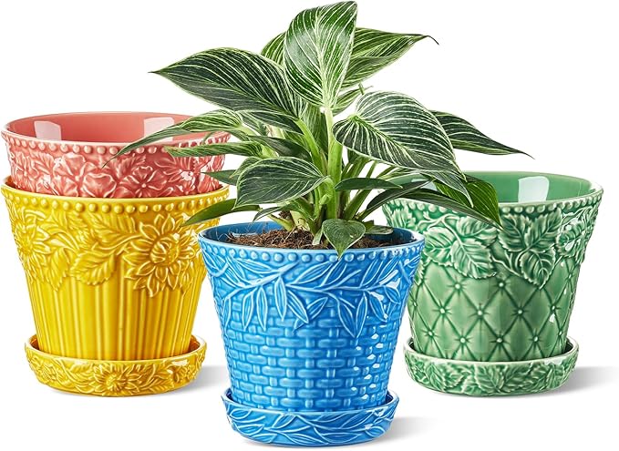 Metahom Ceramic Plant Pots, 5.8 Inch Flower Pots for Indoor Plants, Planters with Drainage Hole & Saucer, Garden Planters for Succulent, Orchid, Cactus, Home Decor, Set of 4, Assorted Colors
