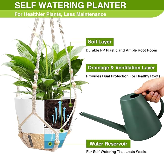 LEWESU Set of 2 Hanging Planters for Indoor Plants with Self Watering Includes Hanging Pots and 2 Types Plant Hangers, Outdoor Hanging Baskets Holder for Home Garden, 10 Inch Oyster White