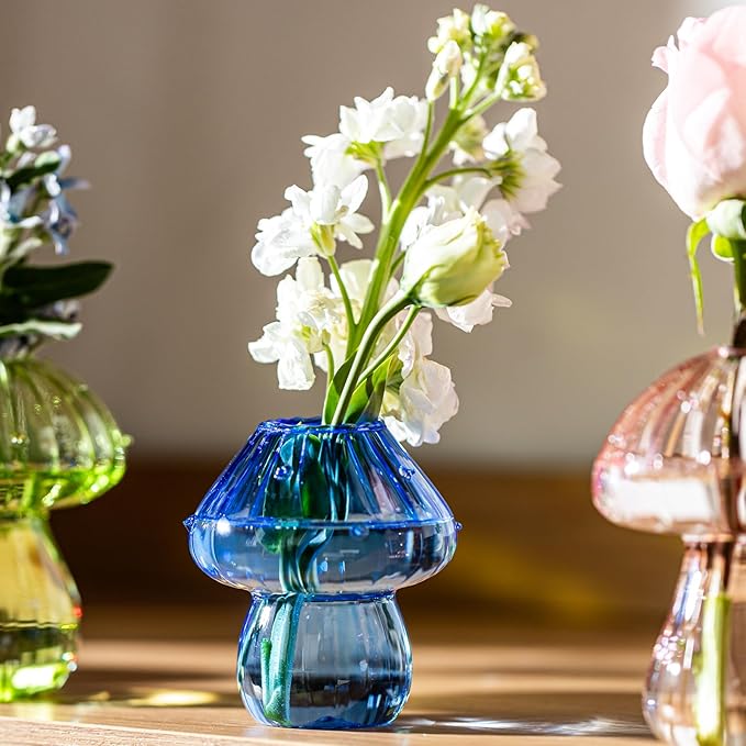 Mushroom Vases, Set of 3 Colored Plant Propagation Station, Mushroom Propagation Vase, Mini Terrarium for Plants, Cute Glass Hydroponic Vase for Flowers, Gifts for Women, Plant Lover (3)
