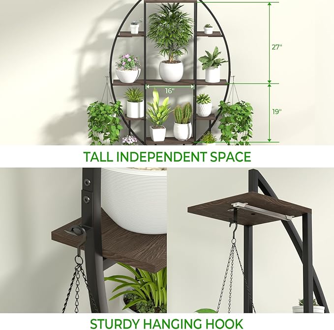Plant Stand Shelf Indoor with 6 Grow Light, 7 Tiered 65" Tall Black Large Half Moon Lighted Plant Rack Holder, 2 Pack Big High Circular Arch Multi Herb Stand with Built in LED Grow Light Set