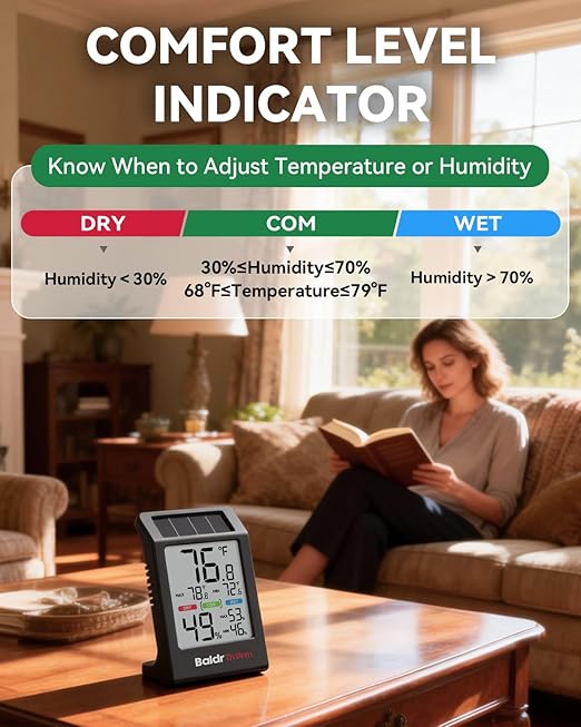 BALDR Indoor Thermometer Hygrometer, Solar Power with Battery Backup, Large Display, Daily Max/Min & Comfort Indicator Humidity Meter（Black）