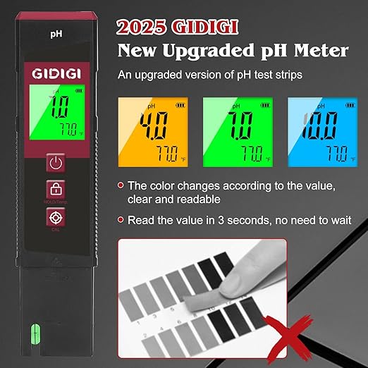 Digital pH Meter High Accuracy UL-Certified Water Tester with 6 Packs Calibration Powders Color LCD Backlit Display with pH Test Strip for Pools Hydroponics Aquariums Hot Tubs Drinking Water