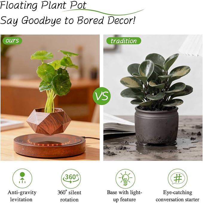 CENTRALEV Magnetic Levitating Plant Pot with LED Light, 360° Rotating Floating Planter for Succulents, Unique Gift for Christmas, Valentine's & Mother's Day, Modern Home Office Desk Decor