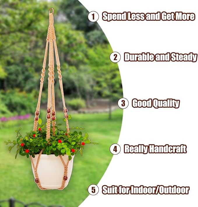 petonfun Macrame Plant Hanger Indoor Set,Hanging Planters for Indoor Plants Outdoor,Hanging Plant Holder Basket Pot with 8 Hooks,Boho Home Decor Crochet Beads Window Ceiling,No Tassels 4 Pack,Brown
