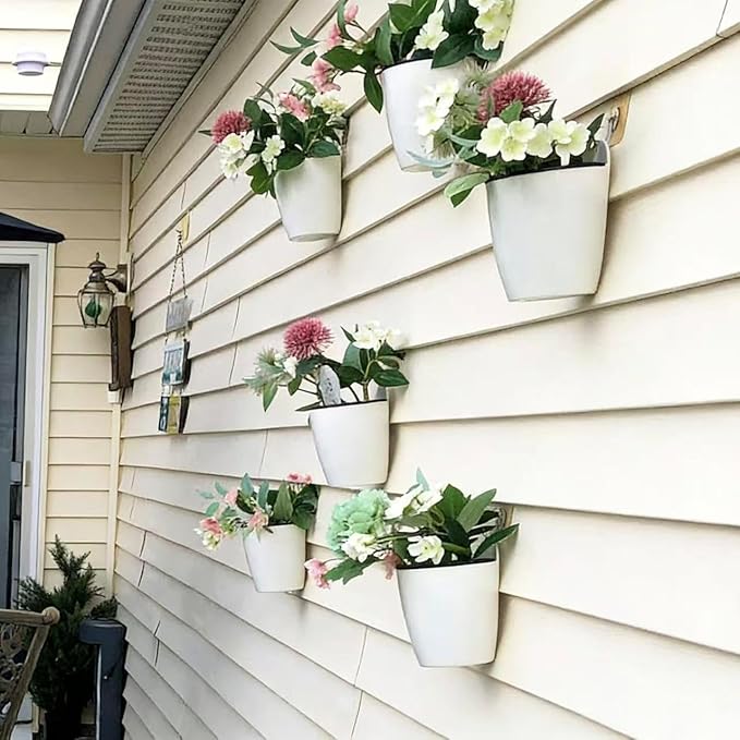 6 Pack White Hanging Planter Pots Self Watering Vertical Garden Wall Mount Window Hang Round Plastic Container Indoor Outdoor for Plants Flowers Succulent Kitchen Living Herbs Holder Decor(Large)