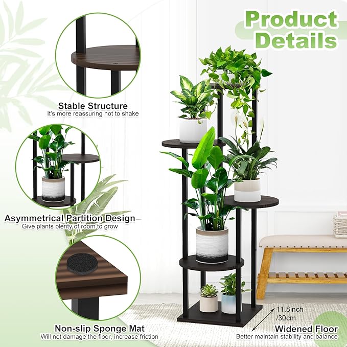 5 Tier Wood Tall Plant Stand Metal Rack Indoor, Multiple Flower Pot Holder Shelves Corner Rack, Round Planter Shelf Display Rack Storage Organizer for Patio Living Room Balcony(Black+Oak)