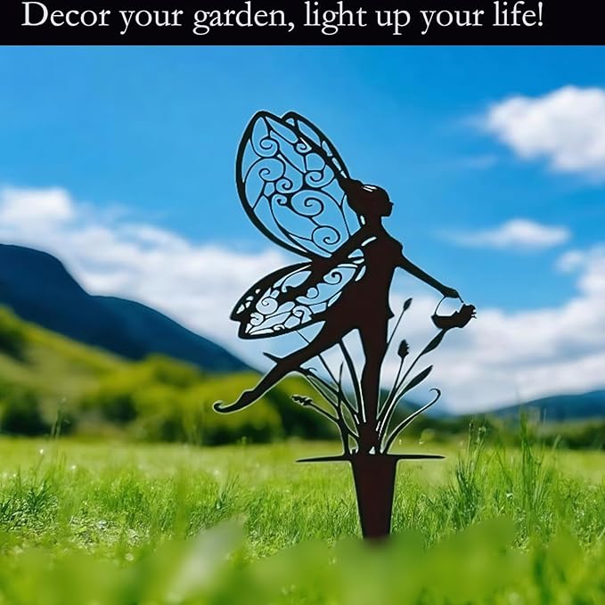 Decorative Garden Stakes， Fairy Garden Stakes, Butterfly Fairy Stakes for Weather Resistant Black Metal Outdoor Decorative Art for Women Gift (Matte Black, 18P-A)