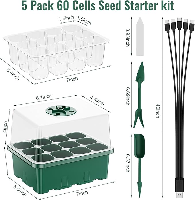 Seed Starter Tray with Grow Light, 5 Pack 60 Cells Seed Starter kit with Humidity Dome and Base, Plant Seedling Trays Indoor Greenhouse Gardening (Green 5 Pack)