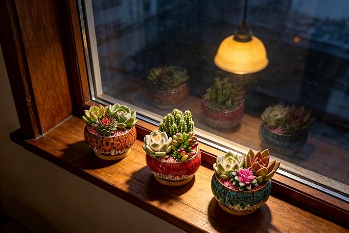 Cute Ceramic Succulent Garden Pots, Planter with Drainage and Attached Saucer, Set of 5 -Plants Not Included (Round+White Border)