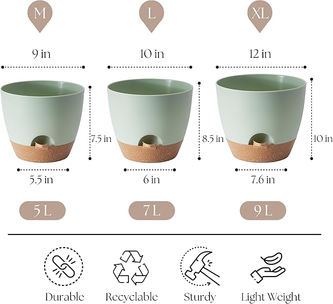 TYMENSH Plant Pots 12/10/9 inch Set of 3, Self Watering Flower Pots Indoor Outdoor, Planters with Drainage Hole Saucer Reservoir, Green