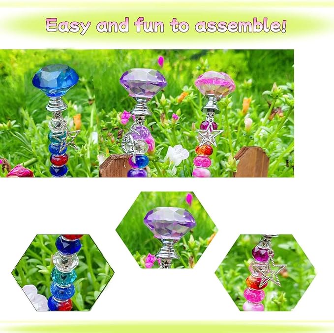 290Pcs Beaded Garden Stakes Kit - DIY Fairy Wand Garden Stake Beads Kit with 240 Colorful Large Hole Beads, Fairy Garden Accessories Outdoor for Different Festivals (6Diamonds & 6Balls)