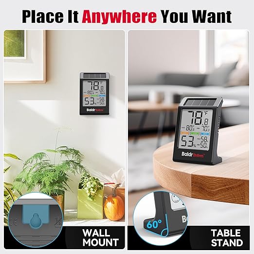 BaldrTherm Room Thermometer Indoor Humidity Meter Solar Powered with Max/Min Memory & Comfort Indicator - 3.2" Large Display for Home, Black, 1Pack