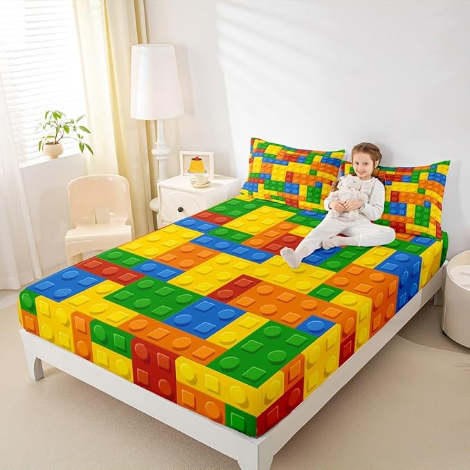 Feelyou Kids Games Bed Sheet Set Full Size Color Building Blocks Sheet Set Toy Brick Sheets for Boys Girls Bedroom Nursery Bedding Set with Flat Sheet Fitted Sheet Pillowcase 4Pcs