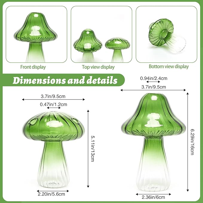 Mushroom Glass Vase Propagation Stations Flower Vases Home Decor Mushroom Planter Cute Vases Garden Decoration Set of 2