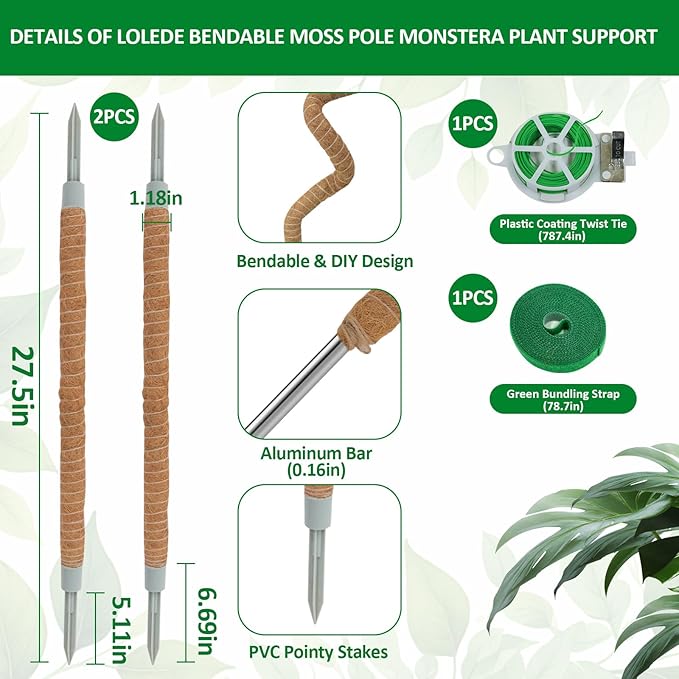 4 Pack Moss Pole, 27.5 Inches Bendable Coco Coir Poles Monstera Plant Support for Climbing Indoor Plants, DIY Plant Stakes Kit Support for Pothos, Philodendron,Potted Plants