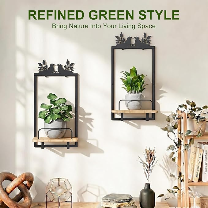 Shineled Wall Planter for Indoor Plants 2 Pack, Wall Mounted Plant Holder for Small Plants, Floating Wall Shelf for Plants, Real Oak Wood, Magnetic Animal Decor, Home Wall Decor (Bird)