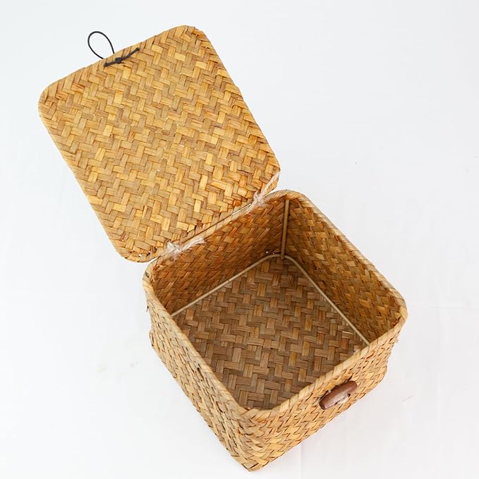 Seagrass Handmade Basket with Lid, Small Basket for Storage, Decorative Home Organizer Decor(5.5"L x 5.5"W x 4"H, Natural)