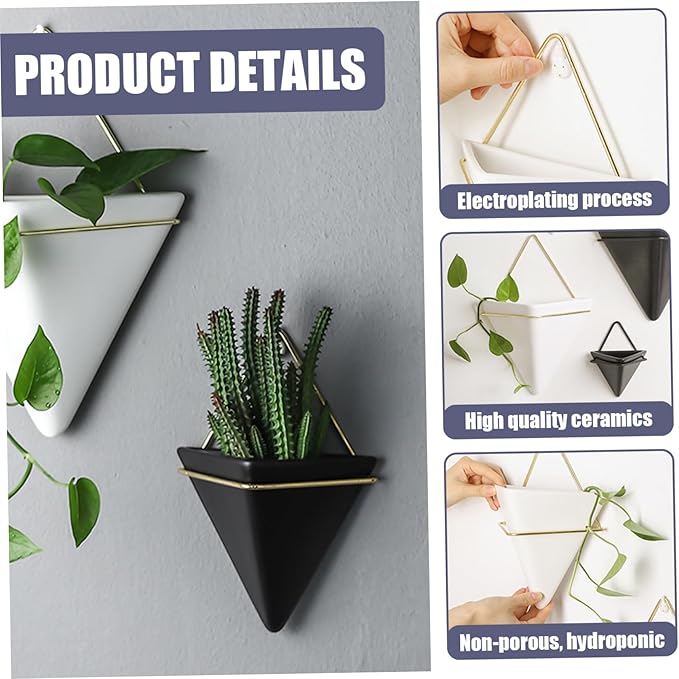 Flower Pots, Hanging Planter, 2PCS Geometric Triangle Wall Plant Holder, Ceramic Wall Mounted Plant Holder, for Succulent, Faux Plants, Home and Office Decor, White