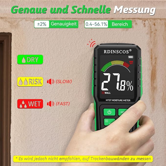 RDINSCOS Pinless Moisture Meter for Wall Rechargeable Damp Meter with Color Display and Audible Alarm,Non-Destructive Moisture Detector for Wall,Masonry,Wood,Building Material