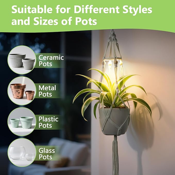 2 Pack Macrame Plant Hanger with Grow Light: Sturdy Hanging Planters for Indoor Plants, Cute Plant Holder with Plant Light, Fits 5–9 Inch Pots (Daylight Spectrum)