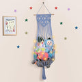 Stuffed Animal Storage Hammock Corner, 63'' Jumbo Boho Macrame Toy Holder Wall Mounted, Hanging Net Organizer for Nursery Decor, Dark Blue Plush Toy Net with Star Light for Boys Girls Gift