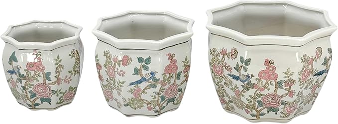 Galt International Multi Color Peony Round Fluted Floral Porcelain Ceramic Plant Flower Planter Pot Set of 3 (7.5", 10", 13") Garden Pots Chinese Asian Design Pink Blue Green