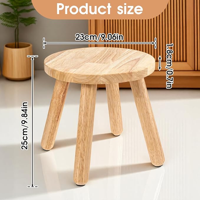 Natural Solid Wood Step Stool 9 Inch Short Sit Chair Portable Round Small Four Legged Wooden Sitting Stool for Adults Bathroom Classroom Bedroom Kitchen Plant Stand Decor, Detachable